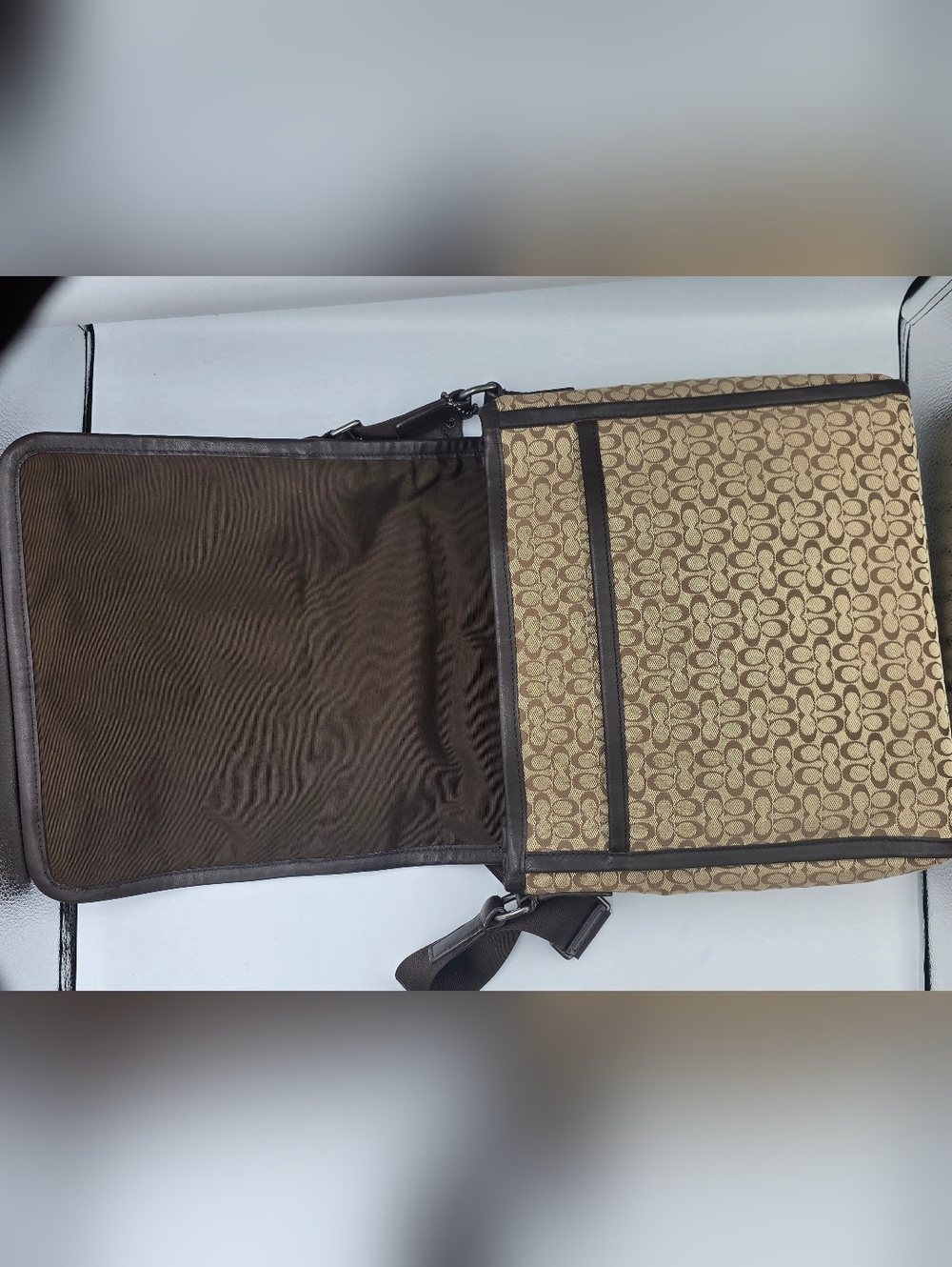 COACH F70699 Brown Signature Canvas Messenger Bag Adjustable Strap Leather Trim - Picture 10 of 16